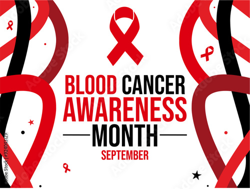 Blood Cancer Awareness Month Background with Red ribbons and typography in the design. September is observed to spread awareness about blood cancer.
