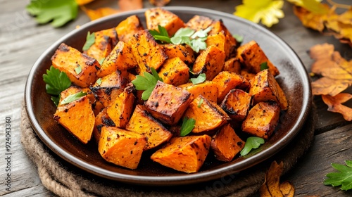 A dark brown, roasted sweet potato dish garnished with fresh herbs and served on a rustic plate with a backdrop of autumn leaves