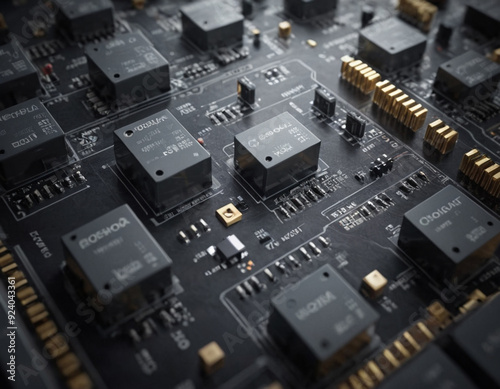 Macro View of Advanced Circuit Board with Black Microchips and Gold-Plated Connectors - High-Tech Electronics Background for Stock Photography