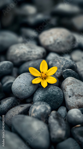 A close-up of a vibrant yellow flower emerging from a bed of smooth gray stones creating a striking contrast in nature's design