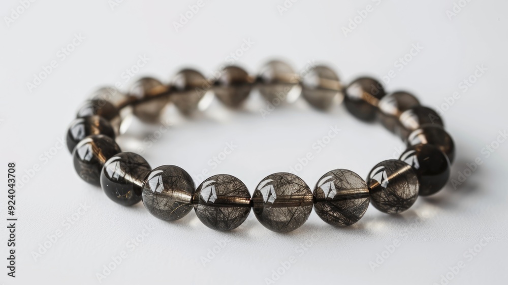 Selective focus on black rutilated quartz bracelet on white background with copy space Selective focus on black rutilated quartz bracelet on white background with copy space