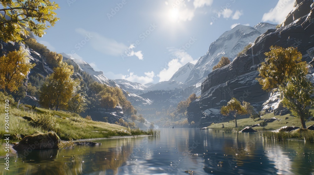 Fototapeta premium a mountain valley with trees and water