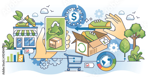 Reverse commerce or recommerce sale business model outline hands concept. Sustainable and environmental shopping as used products purchase for reuse vector illustration. Online second hand store.