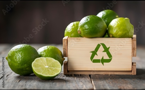 fresh lamens in a wooden crate with a recycling symbol photo