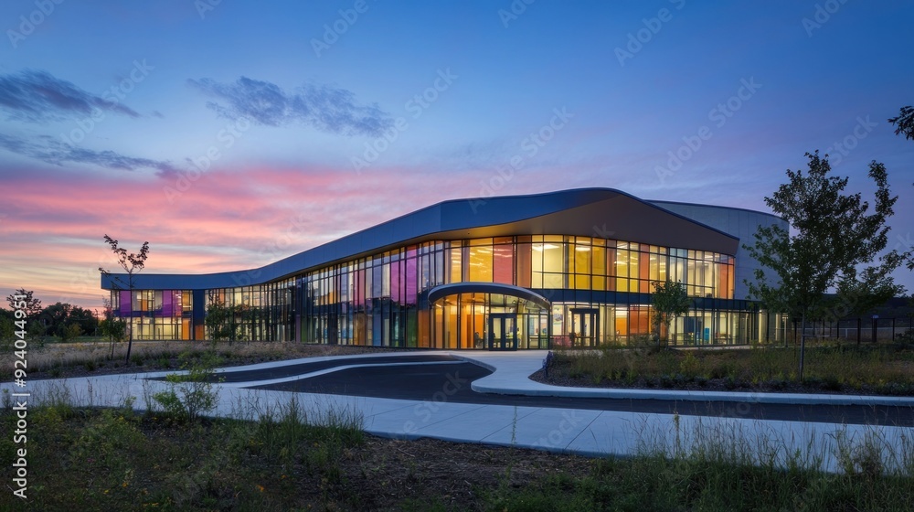 Modern School Building with Colorful Windows at Dusk Modern School Building with Colorful Windows at Dusk