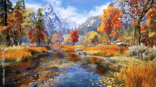 a mountain valley with trees and water