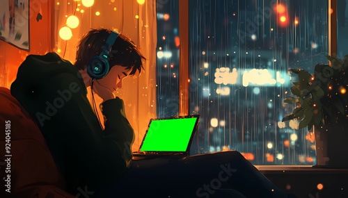cozy room anime style with greenscreen