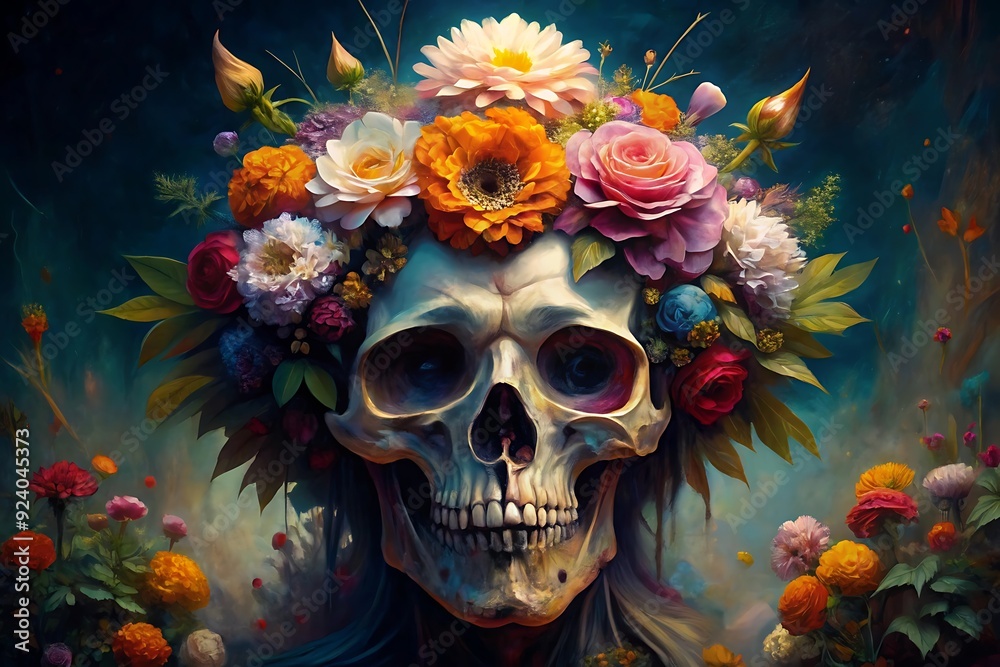 Skull illustration painting with flowers