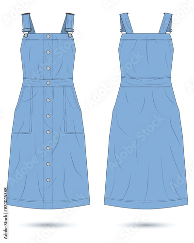 Women's denim overalls mockup front and back view. Vector illustration