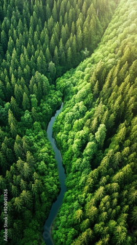 Aerial of a dense forest with a winding river cutting through the greenery, sunlight casting long shadows from the tall trees