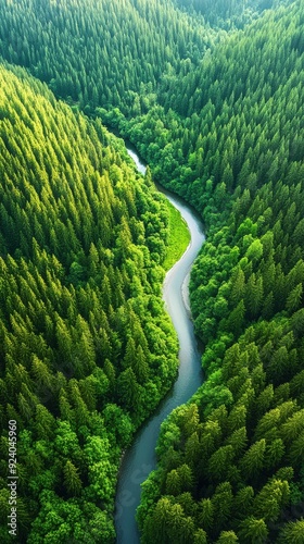 Aerial of a dense forest with a winding river cutting through the greenery, sunlight casting long shadows from the tall trees