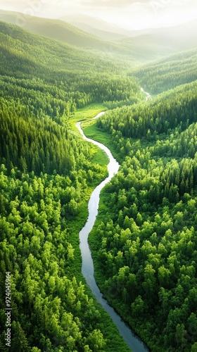 Aerial of a dense forest with a winding river cutting through the greenery, sunlight casting long shadows from the tall trees