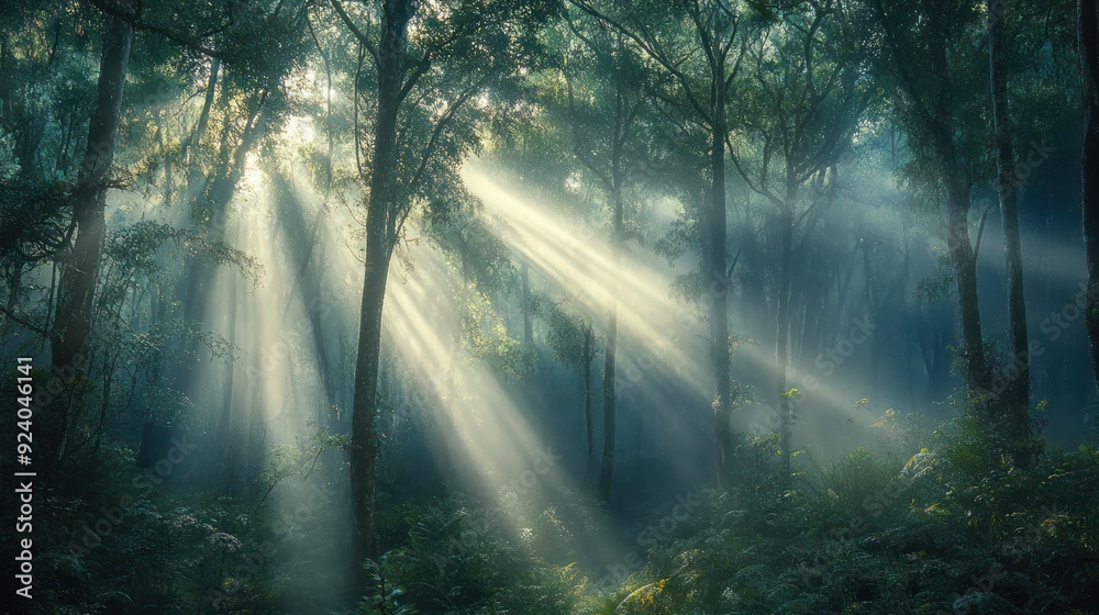 Sunbeams Through a Misty Forest Sunbeams Through a Misty Forest