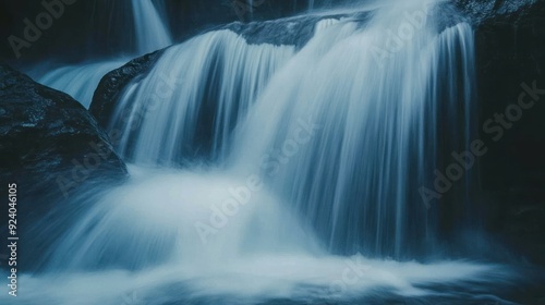 Abstract Waterfall with Smooth Blue Water Flowing over Dark Rocks