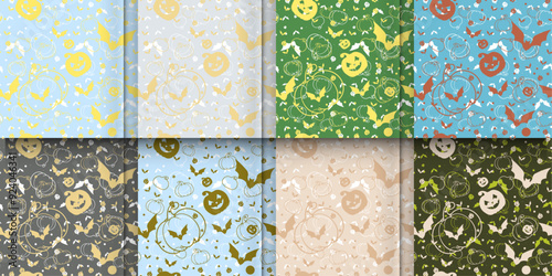 Two Colors Seamless Halloween Pattern Easy simple repeat. Vector pattern of cut out pumpkin faces with bats and textured base