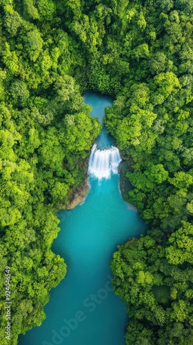 Aerial of a cascading waterfall plunging into a deep pool surrounded by lush tropical vegetation, creating a powerful and mesmerizing natural spectacle