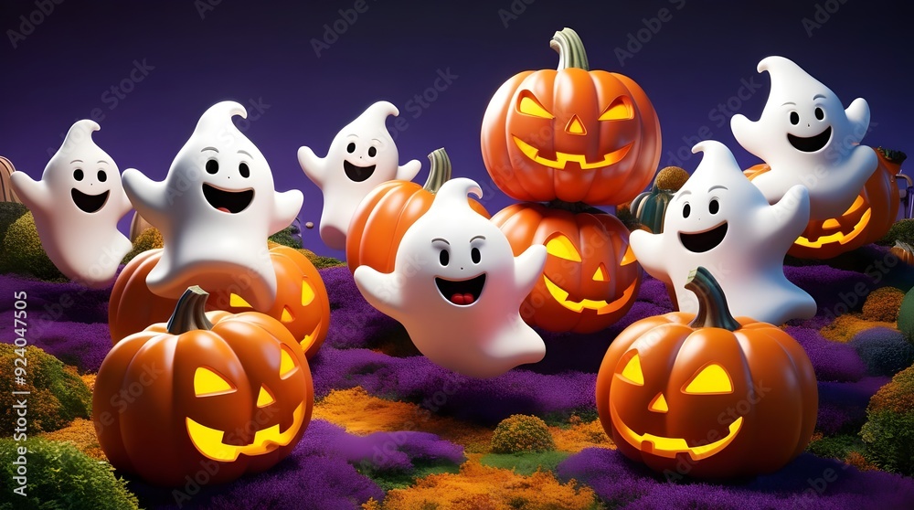 bright halloween scene with animated ghosts and pumpkins bright halloween scene with animated ghosts and pumpkins