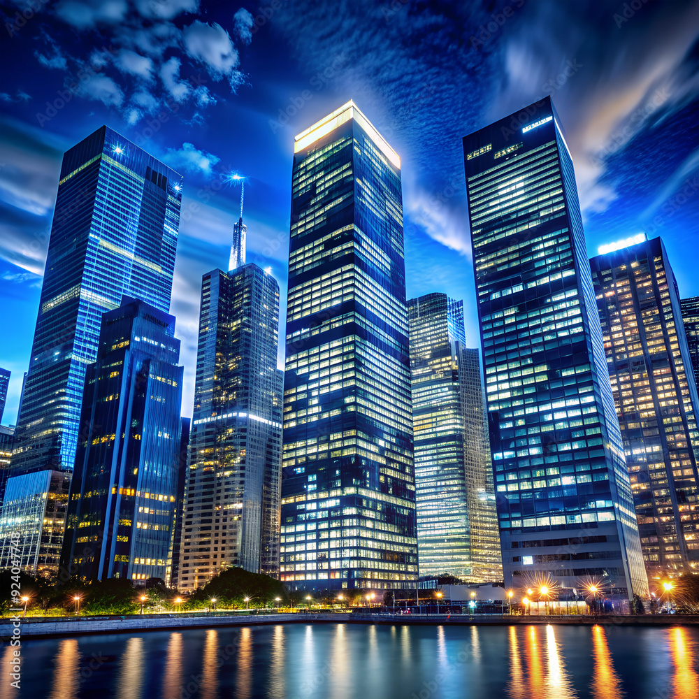 Obraz premium Skyscrapers against the night sky.