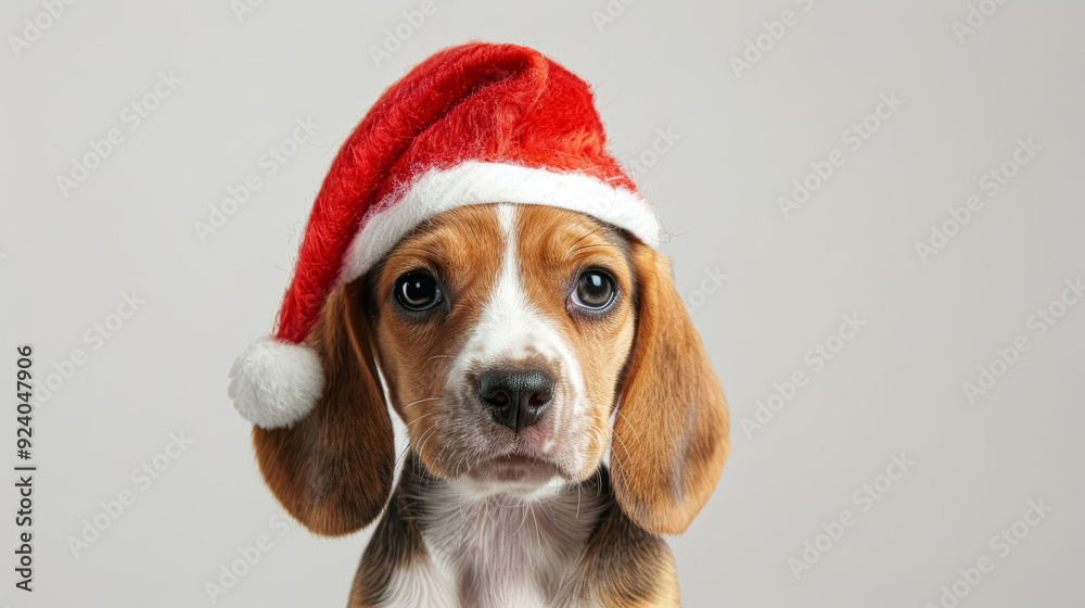 Adorable beagle puppy wearing a Santa hat for Christmas isolated on a grey background. Adorable beagle puppy wearing a Santa hat for Christmas isolated on a grey background.