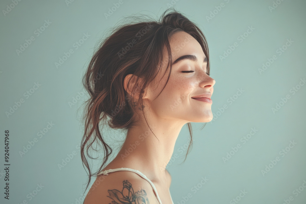 A close up of a woman's face with tattoos and her eyes closed A close up of a woman's face with tattoos and her eyes closed