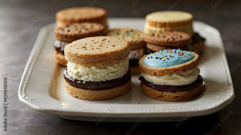 Handmade ice cream sandwiches exhibit themselves in a gourmet manner by stacking their colorful, handcrafted cookies and creamy ice cream centers on a pretty dish.