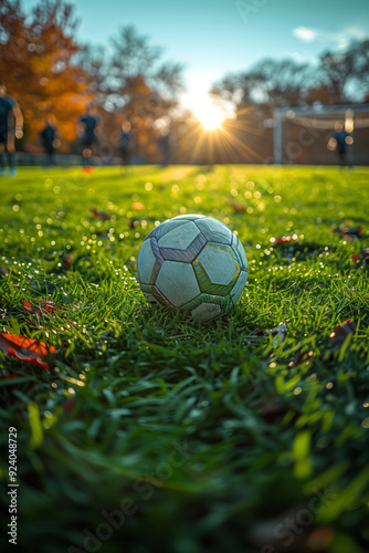 A football pitch with players in the background.