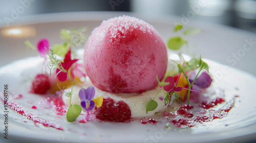 Stunning Close-Up of a Molecular Gastronomy Dish with Raspberry Sorbet and Edible Flowers