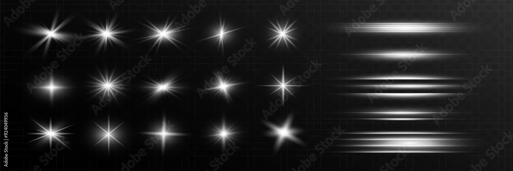 Fototapeta premium Glow isolated white transparent starlight effect set, lens flare, explosion, line, sun flash, glitter, spark and stars. Abstract special effect element design. Shine ray with lightning