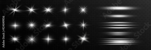Glow isolated white transparent starlight effect set, lens flare, explosion, line, sun flash, glitter, spark and stars. Abstract special effect element design. Shine ray with lightning
