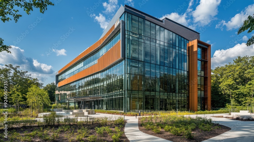 Modern Glass and Wood Office Building with Landscaping Modern Glass and Wood Office Building with Landscaping