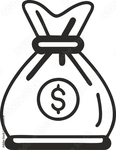 Simple black and white money bag icon with dollar sign