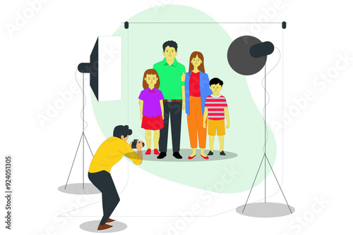 Professional photographer taking pictures of beautiful family in the modern studio. Vector illustration.
