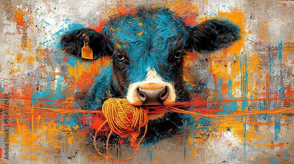 A painting of a cow with a ball of yarn in its mouth and a string in ...
