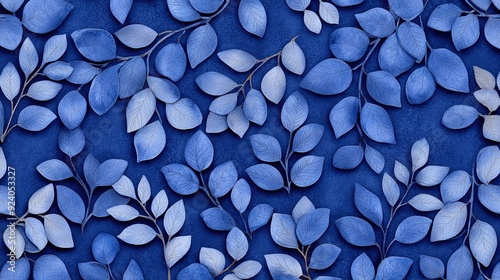   A close-up of a blue wall adorned with leaves on one side and a plant positioned to its right