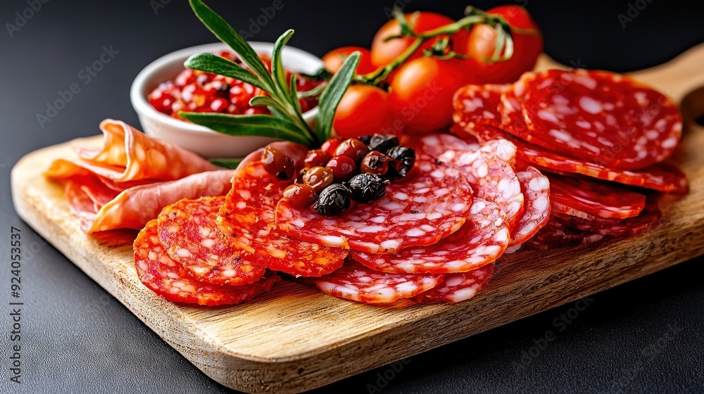 A cutting board with sliced meat and veggies, adjacent to a bowl of tomatoes and olives A cutting board with sliced meat and veggies, adjacent to a bowl of tomatoes and olives