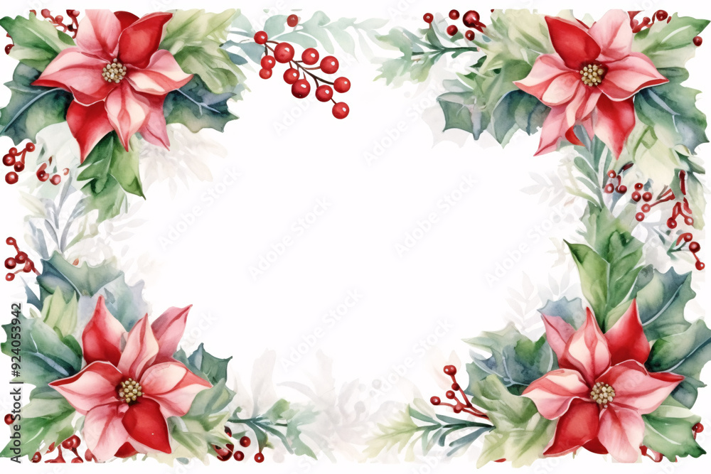 Obraz premium Watercolor garland frame decorated with christmas flower, holly and fir branch on white background, Christmas background. Generative AI