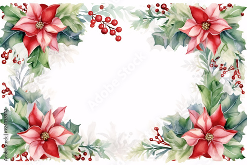 Watercolor garland frame decorated with christmas flower, holly and fir branch on white background, Christmas background. Generative AI