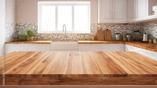 A wooden countertop in a modern kitchen with a blurred background, featuring natural light, potted plants, and sleek appliances, creating a clean and inviting space