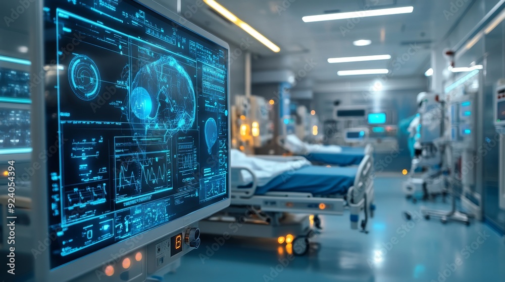 Smart Hospital Ward with AI Patient Monitoring: A hospital ward with AI systems monitoring patients' health. Smart Hospital Ward with AI Patient Monitoring: A hospital ward with AI systems monitoring patients' health.