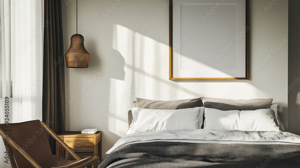 Modern Bedroom Interior with a Wooden Chair, Bed, and Lamp Modern Bedroom Interior with a Wooden Chair, Bed, and Lamp