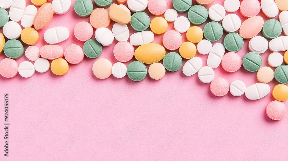   A stack of pills on a pink table beside a white and green pill bottle on a pink surface