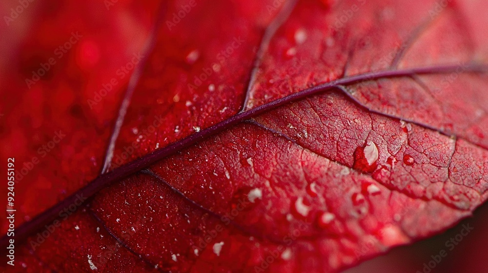 Fototapeta premium A detailed photo of a red leaf with droplets of water on its tips and edges