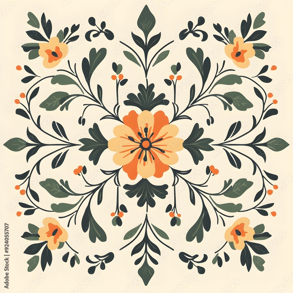 A symmetrical pattern of flowers and leaves on a cream background. A symmetrical pattern of flowers and leaves on a cream background.