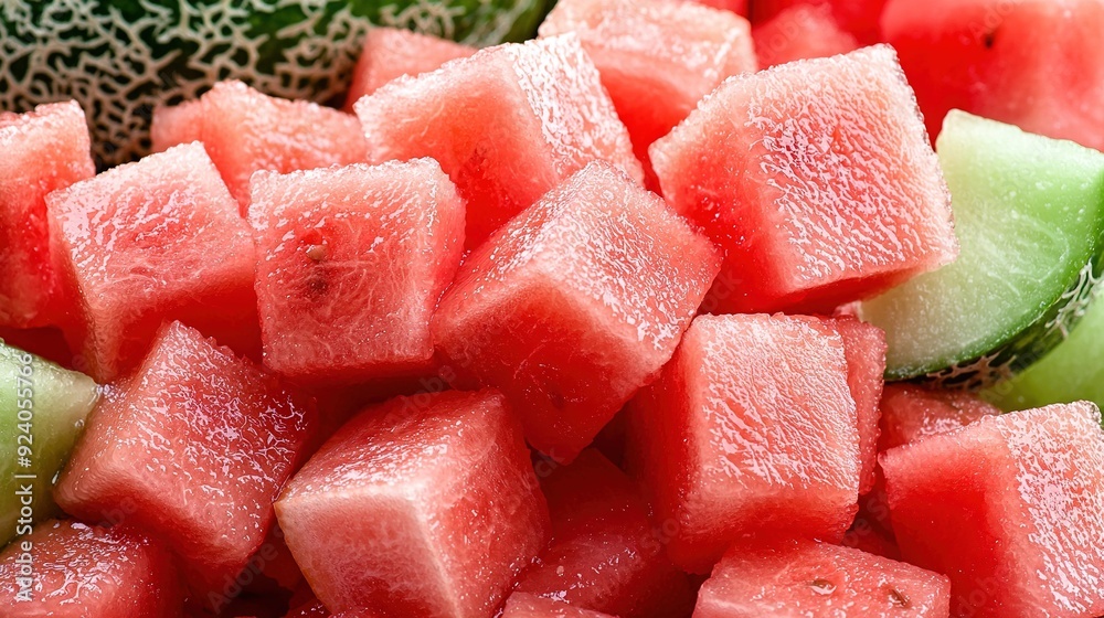 Watermelon and cucumber slices stacked on a plate with a cucumber slice nearby Watermelon and cucumber slices stacked on a plate with a cucumber slice nearby