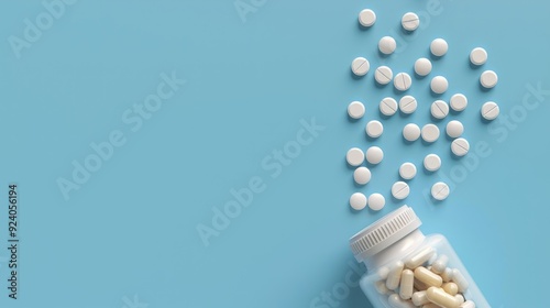 Macro top view of white Diazepam pills and tablets pouring from a medication bottle with space for text photo