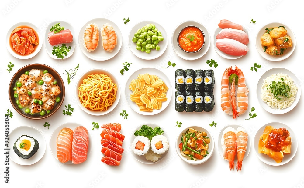 A variety of Japanese and Asian dishes arranged on white background. A variety of Japanese and Asian dishes arranged on white background.