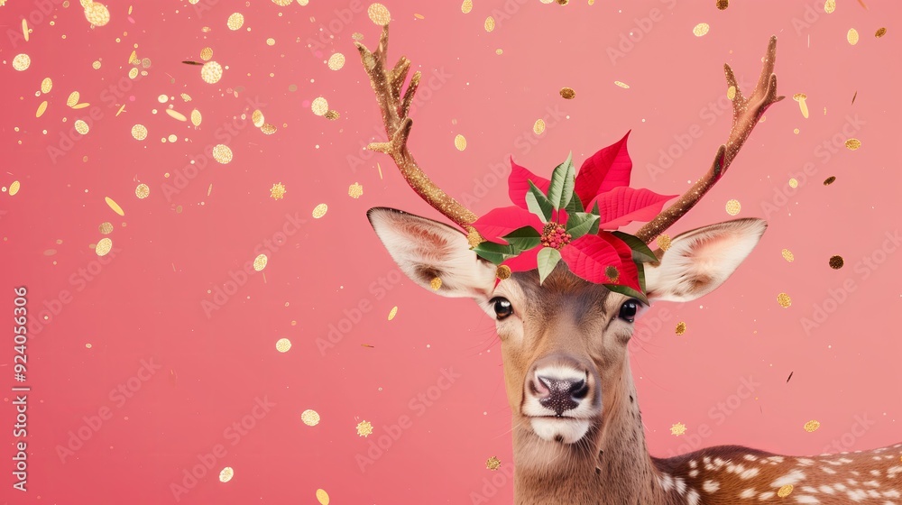 real reindeer with poinsettia floral crown on a coral red background with golden flying confetti real reindeer with poinsettia floral crown on a coral red background with golden flying confetti