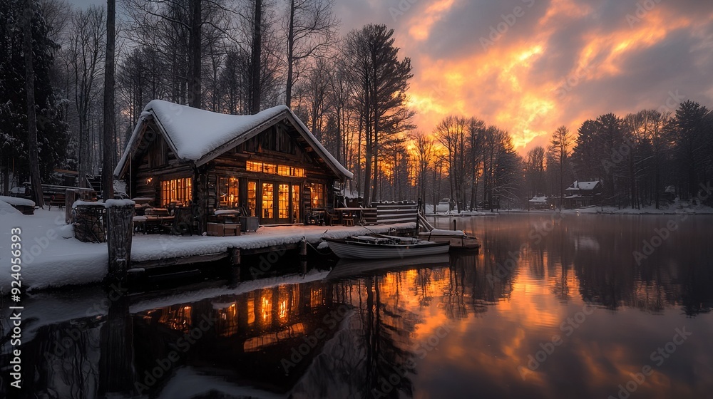 Fototapeta premium A cabin rests on a lake's edge with the setting sun reflecting off the water and casting shadows through the trees