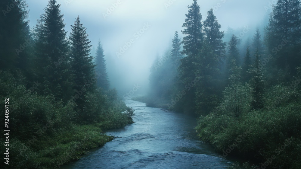 Misty River in a Coniferous Forest Misty River in a Coniferous Forest