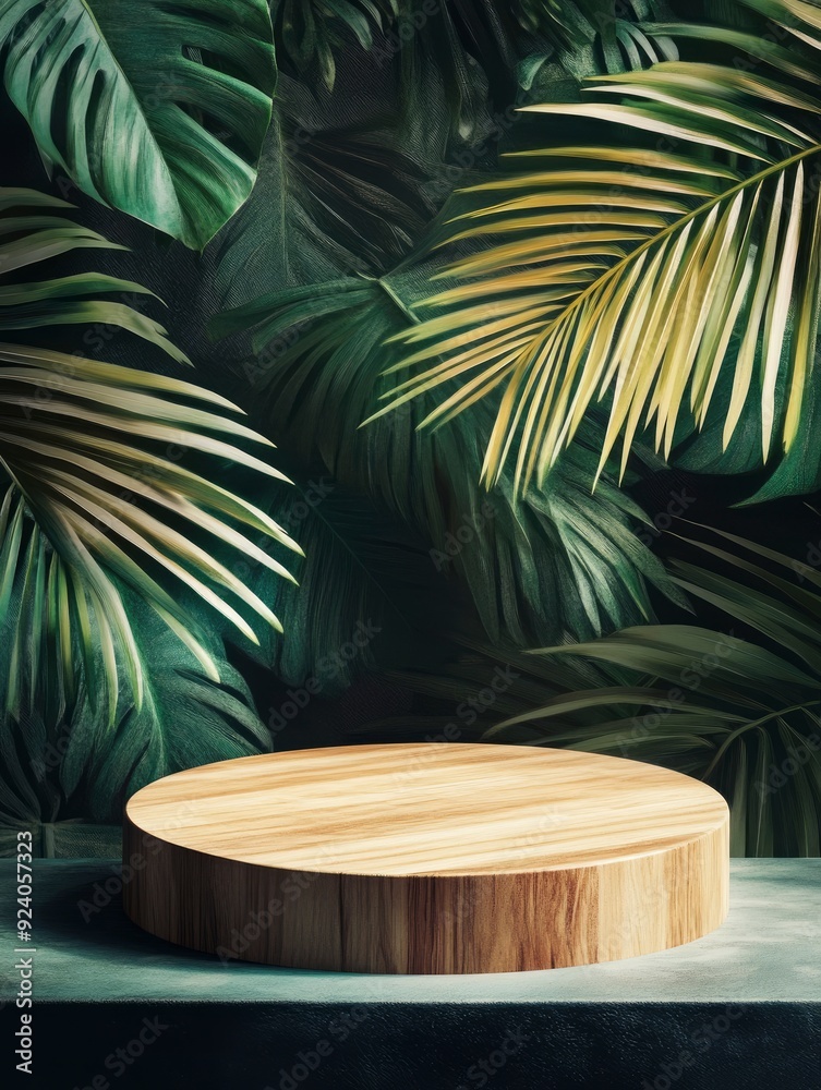 Wooden podium against a background of tropical leaves , ai Wooden podium against a background of tropical leaves , ai